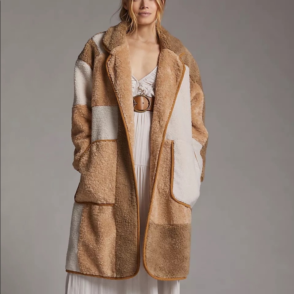 Anthropologie Pilcro Colorblocked Sherpa Teddy Coat  “Mixed Fur” Large
